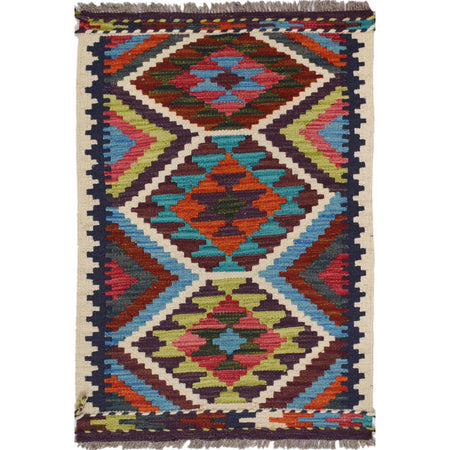 Colorful Flat-Weave Wool Kilim 2' 0 x 2' 11" ft / 61 x 88 cm - No. W30775
