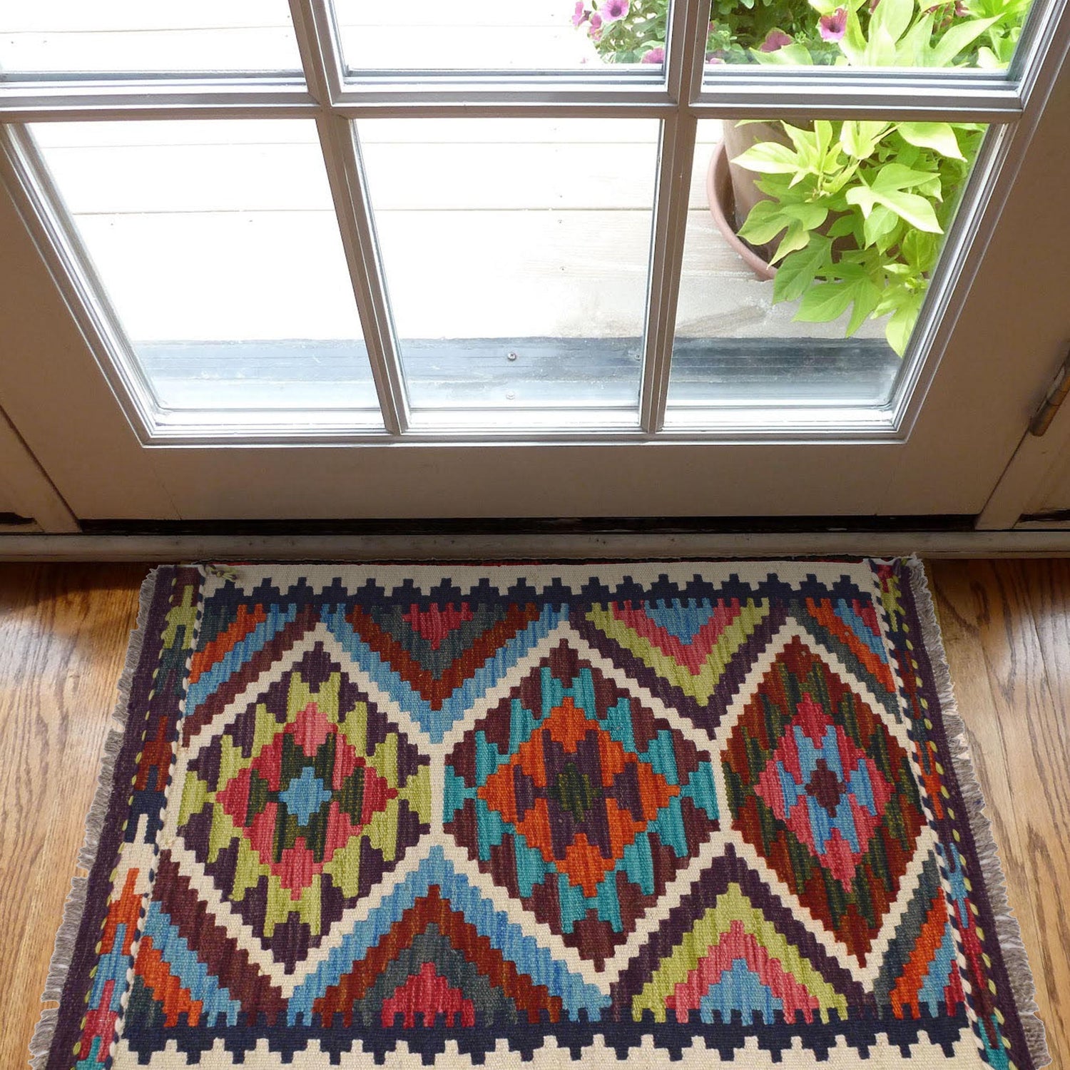 Colorful Flat-Weave Wool Kilim 2' 0 x 2' 11" ft / 61 x 88 cm - No. W30775