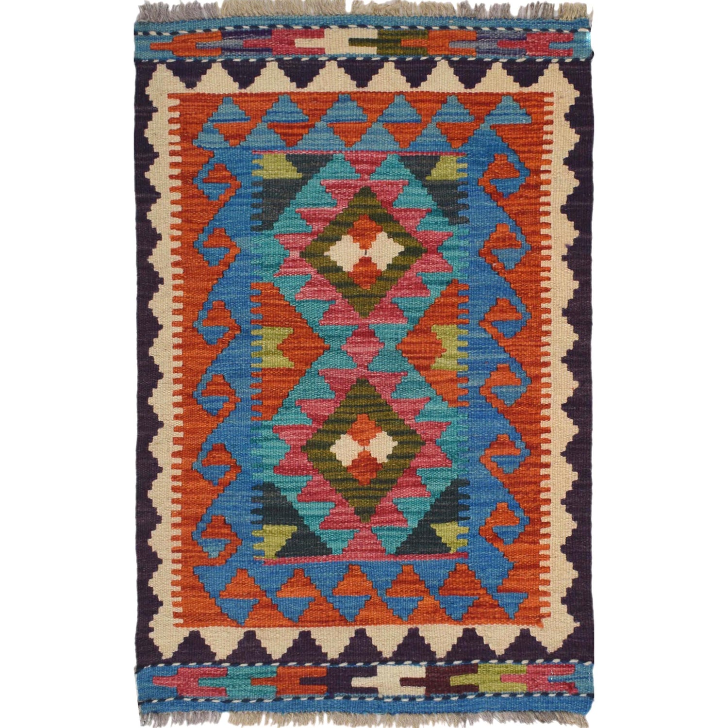 Hand Woven Wool Kelim 2' 0 x 3' 0" ft / 60 x 92 cm - No. W30790