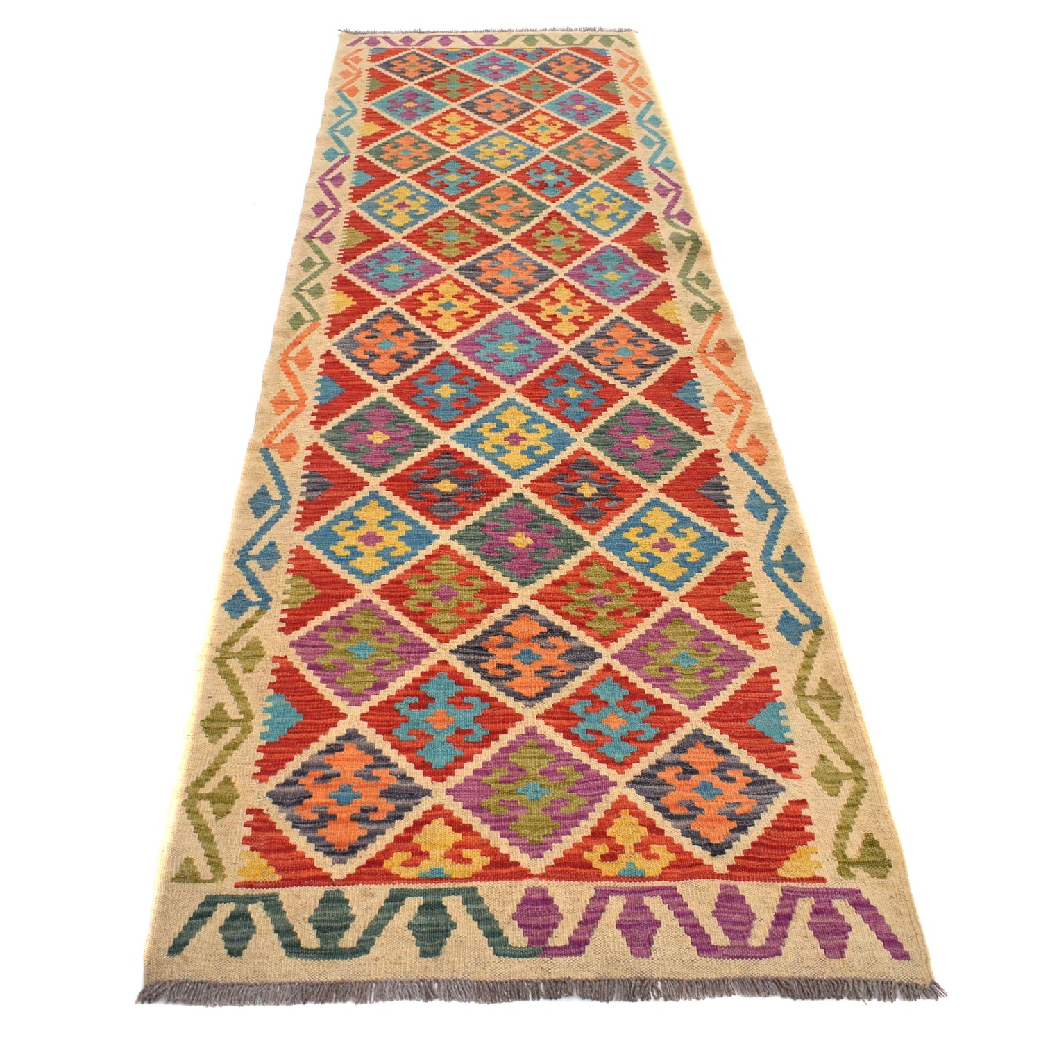 Colorful Flat-Weave Wool Kilim Runner 2' 11" x 9' 8" ft / 90 x 294 cm - No. W31085