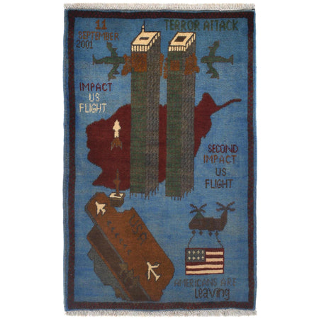 Blue Color War Rug 2' 0" x 2' 11" ft / 62 x 89 cm - No. W31089