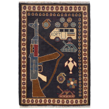 Handcrafted Afghan War Rug 2' 2" x 2' 11" ft / 66 x 90 cm - No. W31103