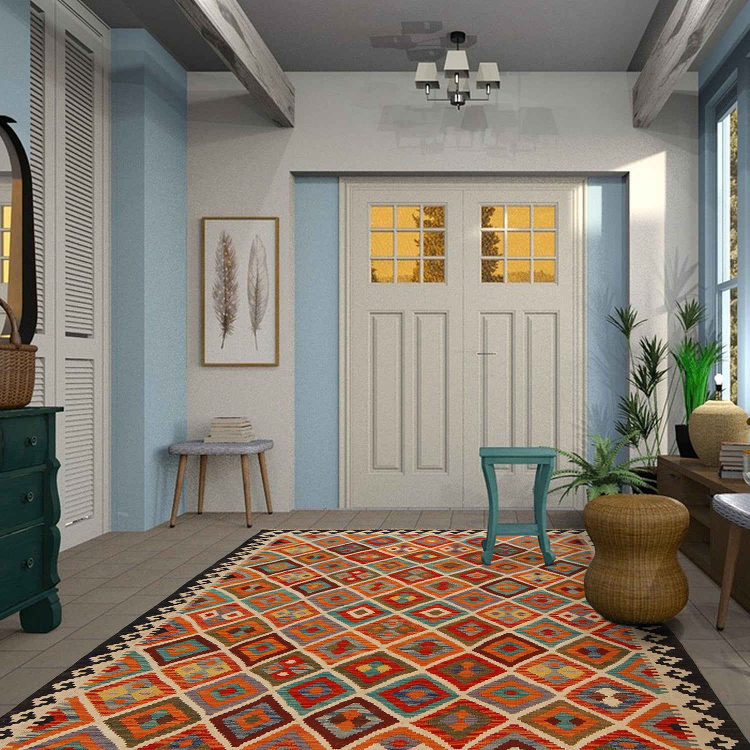 Hand Made Afghan Kilim 5' 1" x 5' 9" ft / 156 x 176 cm - No. W31251