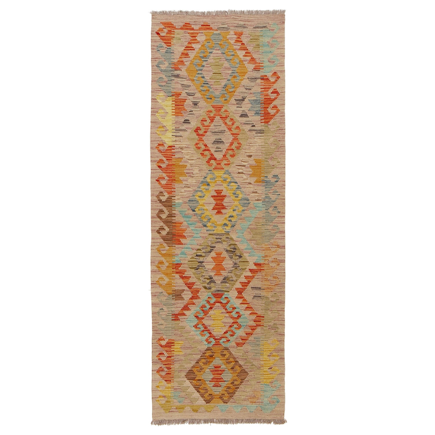 Colorful Flat-Weave Wool Kilim Runner 2' 0"x 6' 5" ft / 62 x 196 cm - No. W31588