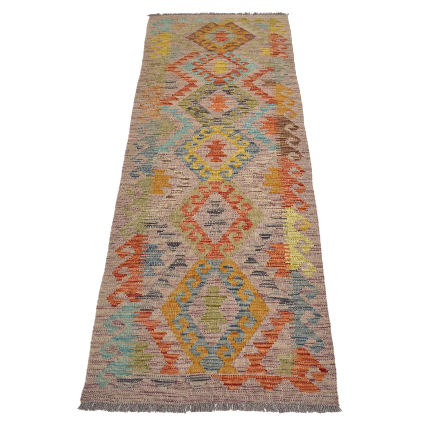 Colorful Flat-Weave Wool Kilim Runner 2' 0"x 6' 5" ft / 62 x 196 cm - No. W31588