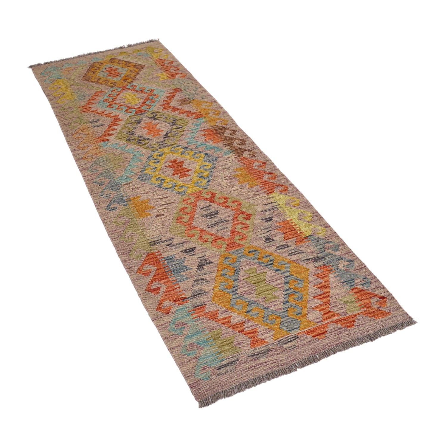 Colorful Flat-Weave Wool Kilim Runner 2' 0"x 6' 5" ft / 62 x 196 cm - No. W31588