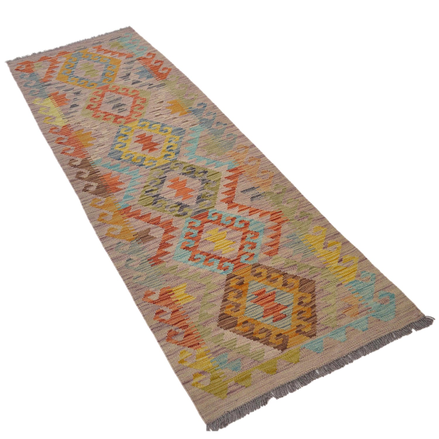 Colorful Flat-Weave Wool Kilim Runner 2' 0"x 6' 5" ft / 62 x 196 cm - No. W31588