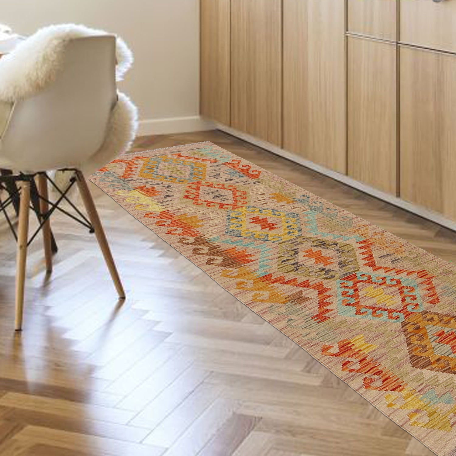 Colorful Flat-Weave Wool Kilim Runner 2' 0"x 6' 5" ft / 62 x 196 cm - No. W31588