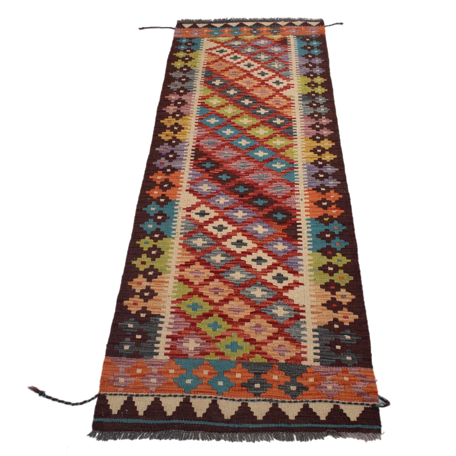 Colorful Flat-Weave Wool Kilim Runner 2' 1"x 6' 4" ft / 63 x 194 cm - No. W31589