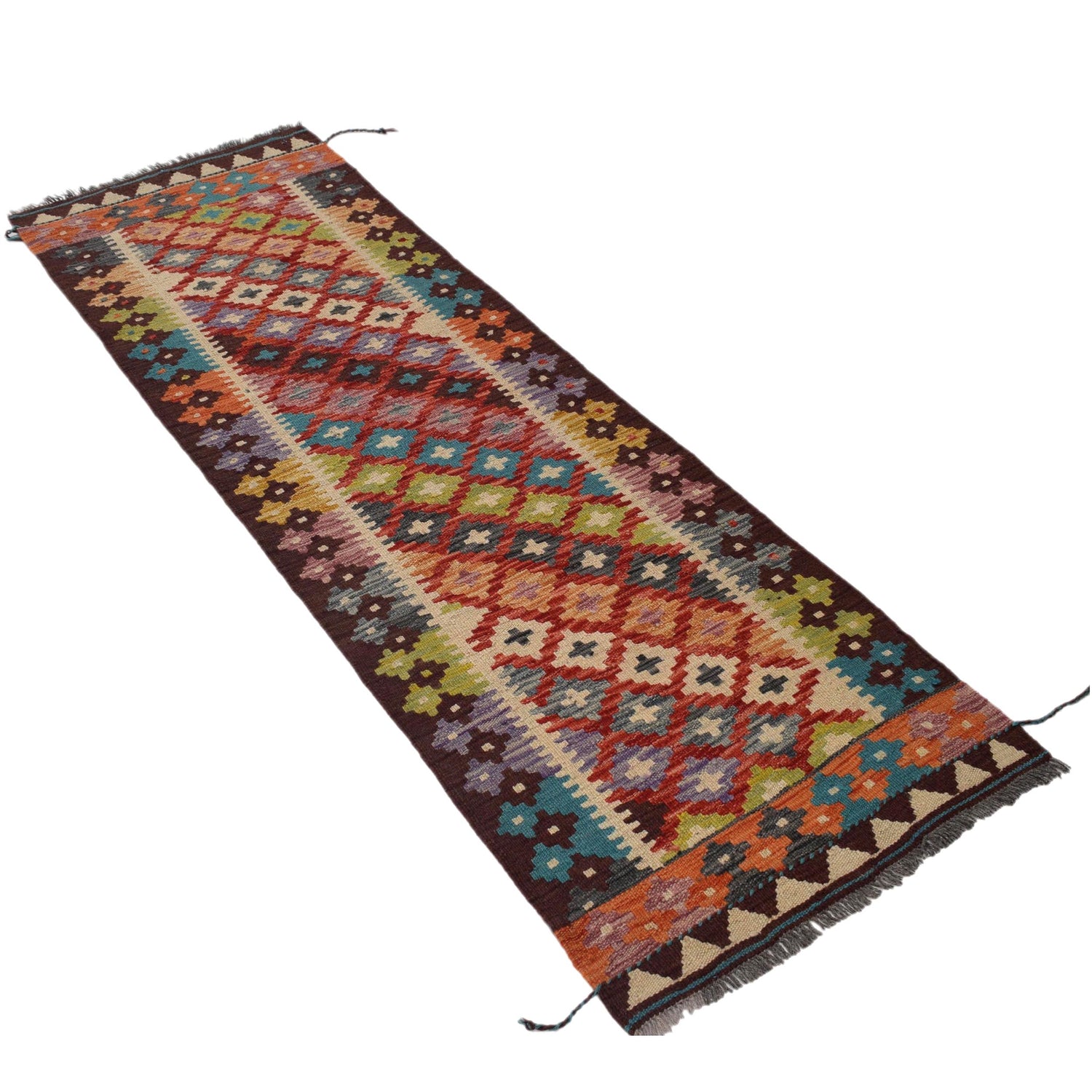 Colorful Flat-Weave Wool Kilim Runner 2' 1"x 6' 4" ft / 63 x 194 cm - No. W31589