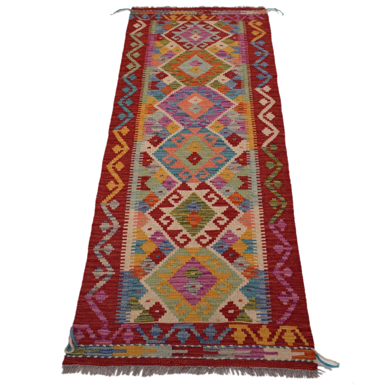 Colorful Flat-Weave Wool Kilim Runner 2' 0"x 6' 5" ft / 62 x 195 cm - No. W31591