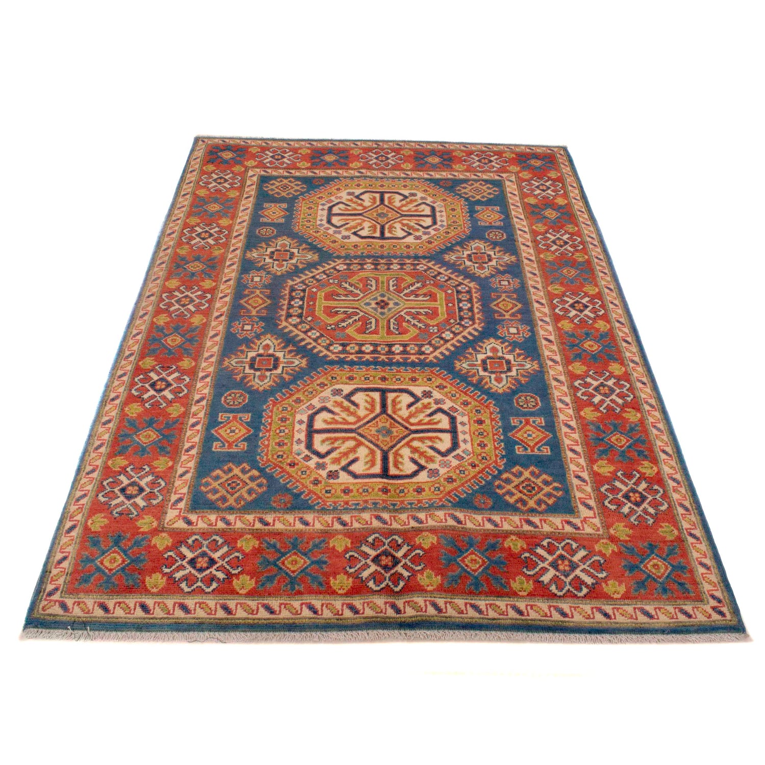 Blue Color Kazak Rug 4' 1" x 5' 10" ft / 124 x 178 cm - No. W34032