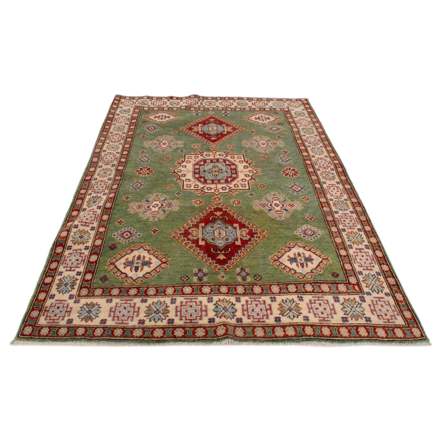 Green Color Kazak Rug 4' 11" x 6' 7" ft / 151 x 200 cm - No. W34055