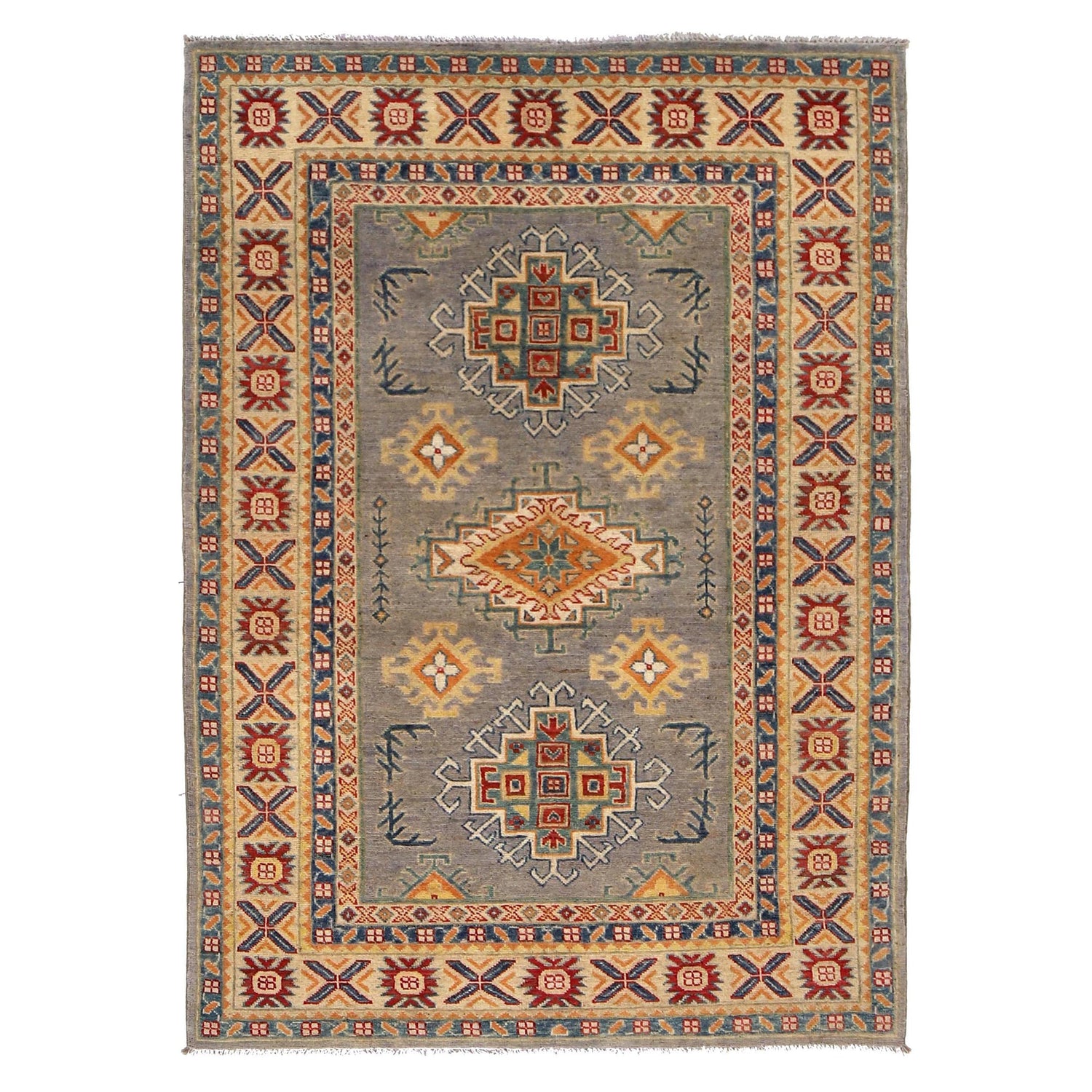 Hand Knotted Kazak Oriental Rug 4' 2" x 5' 11" ft / 126 x 180 cm - No. W34063