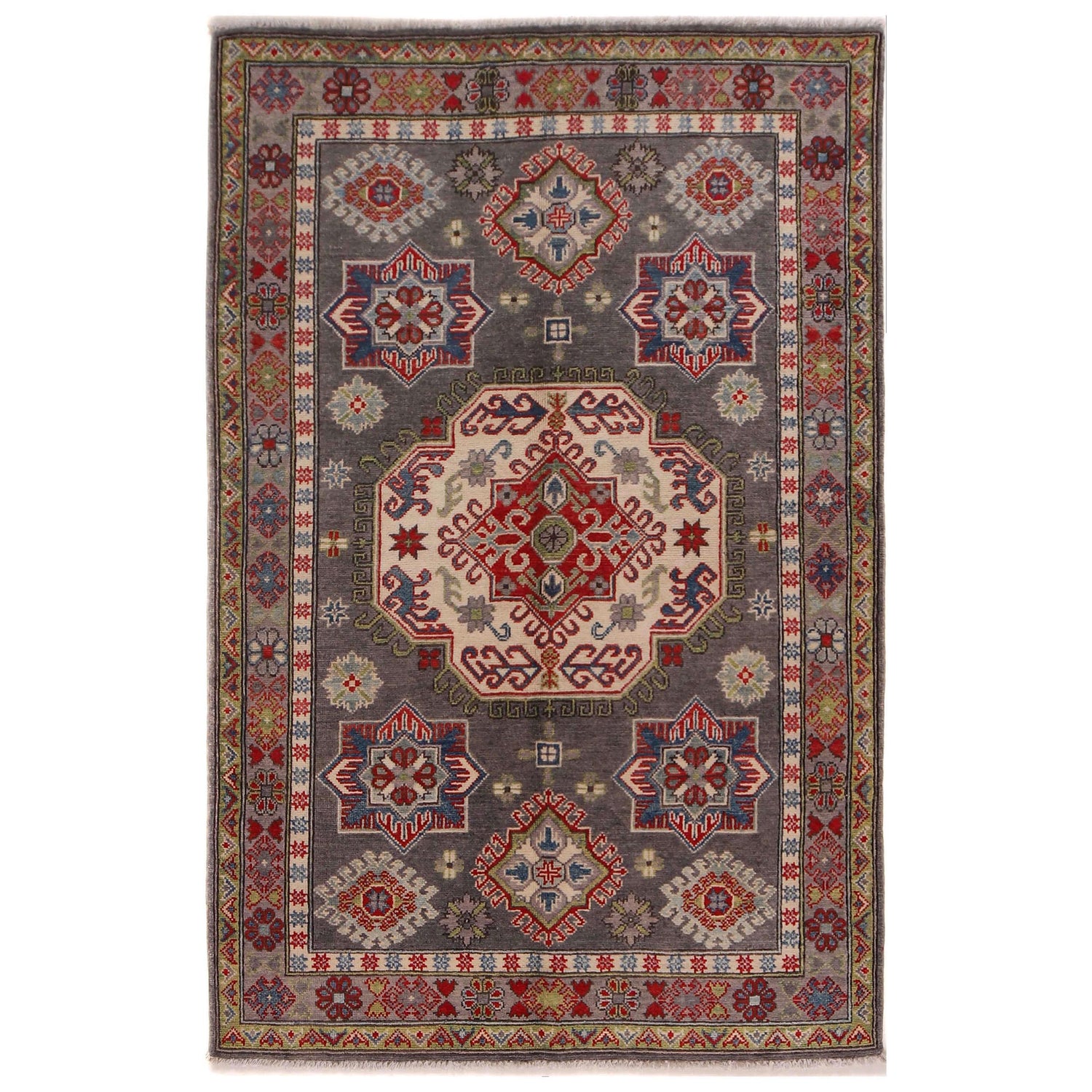 Hand Knotted Kazak Oriental Rug 3' 11" x 4' 0" ft / 119 x 184 cm - No. W34119