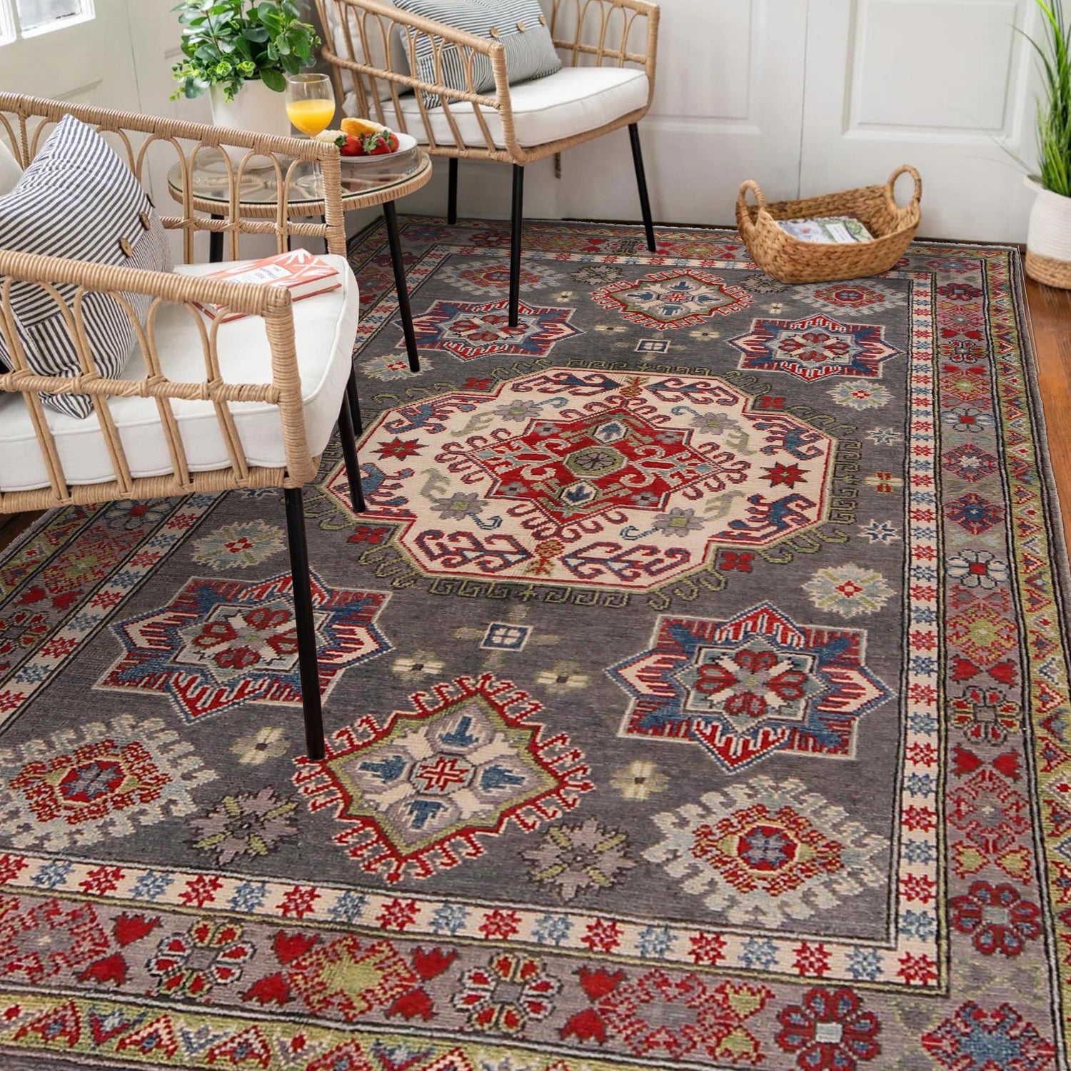 Hand Knotted Kazak Oriental Rug 3' 11" x 4' 0" ft / 119 x 184 cm - No. W34119