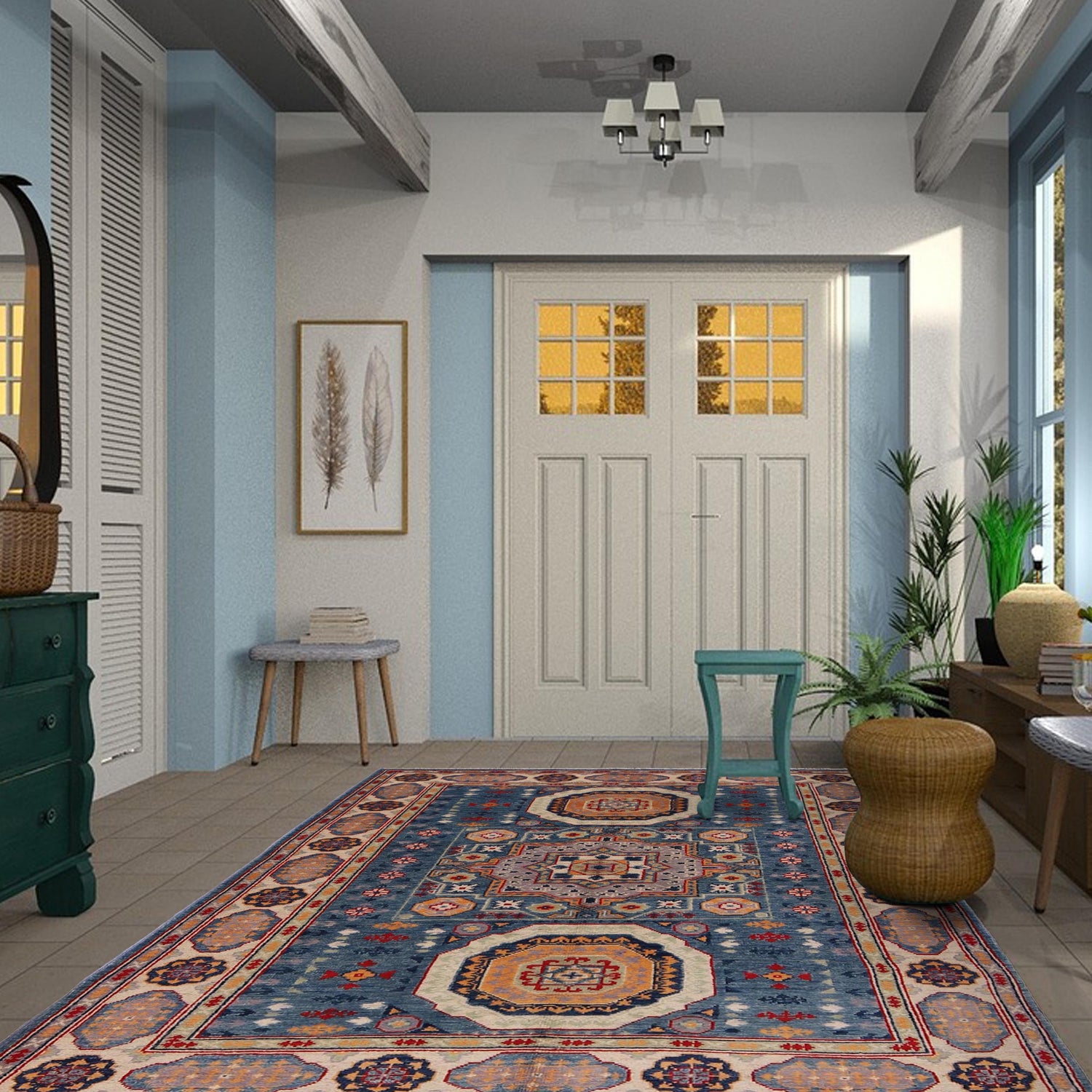 Handmade Kazak Area Rug 4' 1" x 5' 11" ft / 124 x 180 cm - No. W34120