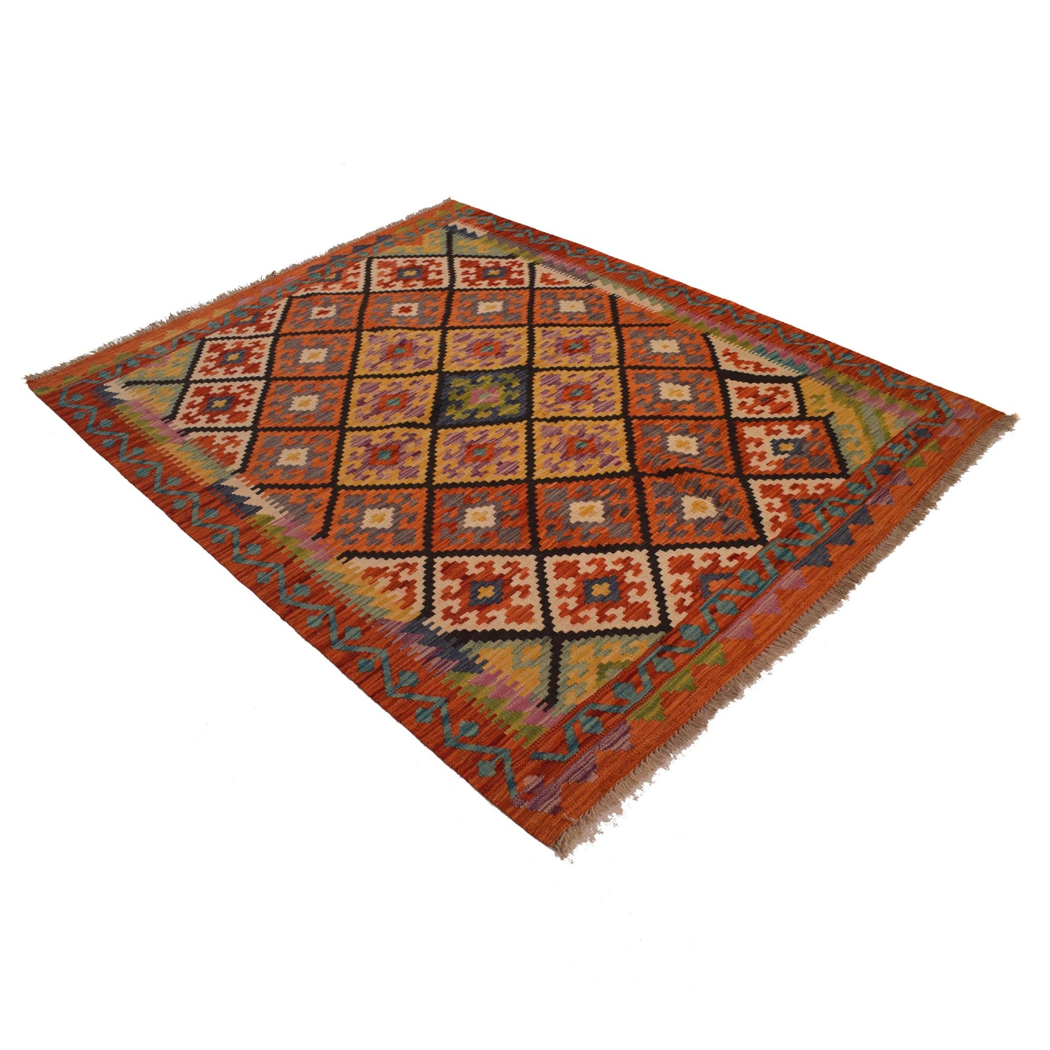 Hand Woven Wool Kelim 5' 0" x 6' 3" ft / 152 x 191 cm - No. W34755