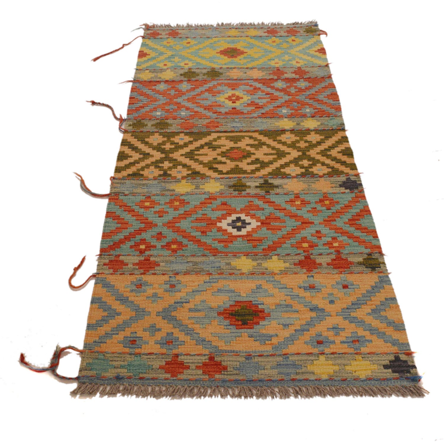 Colorful Flat-Weave Wool Kilim Runner 2' 4"x 6' 5" ft / 71 x 196 cm - No. W34774