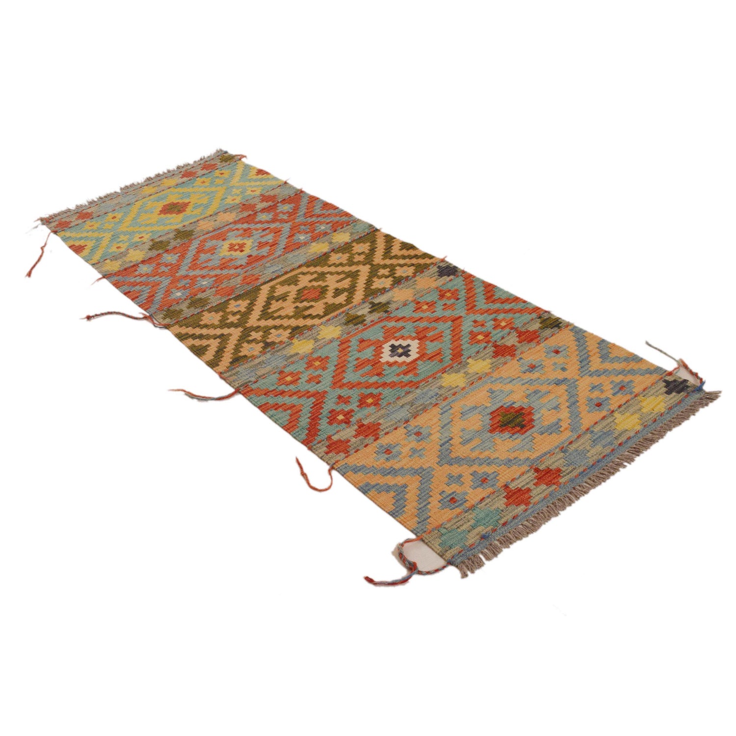 Colorful Flat-Weave Wool Kilim Runner 2' 4"x 6' 5" ft / 71 x 196 cm - No. W34774