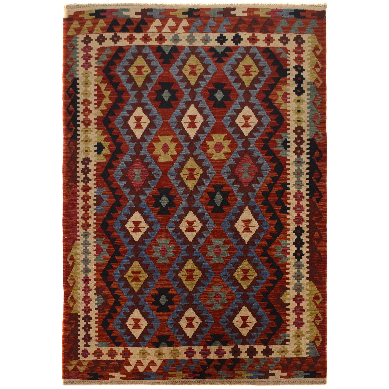Colorful Flat-Weave Wool Kilim 4' 11" x 7' 5" ft / 150 x 225 cm - No. W35534