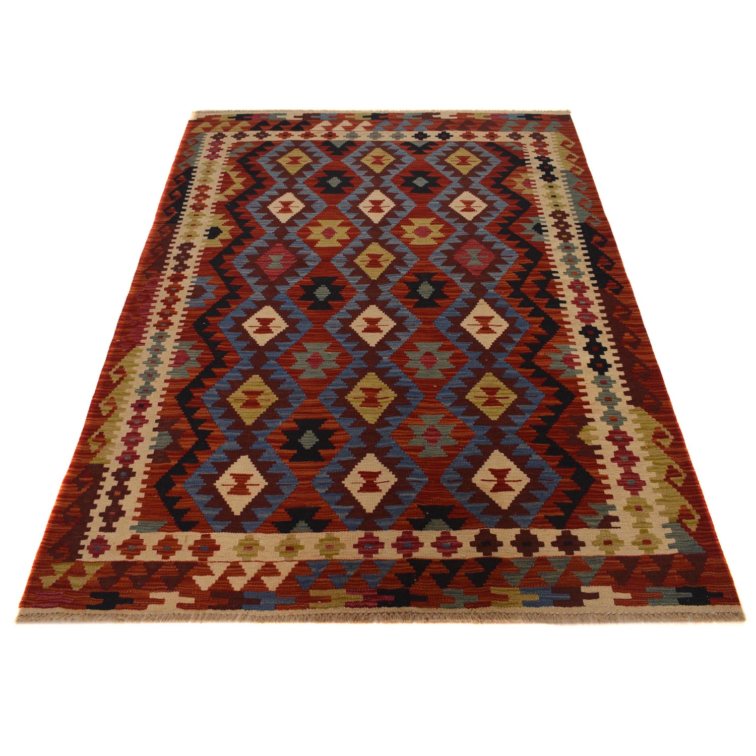 Colorful Flat-Weave Wool Kilim 4' 11" x 7' 5" ft / 150 x 225 cm - No. W35534