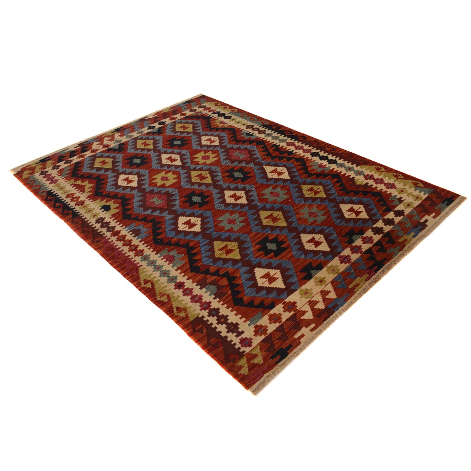 Colorful Flat-Weave Wool Kilim 4' 11" x 7' 5" ft / 150 x 225 cm - No. W35534