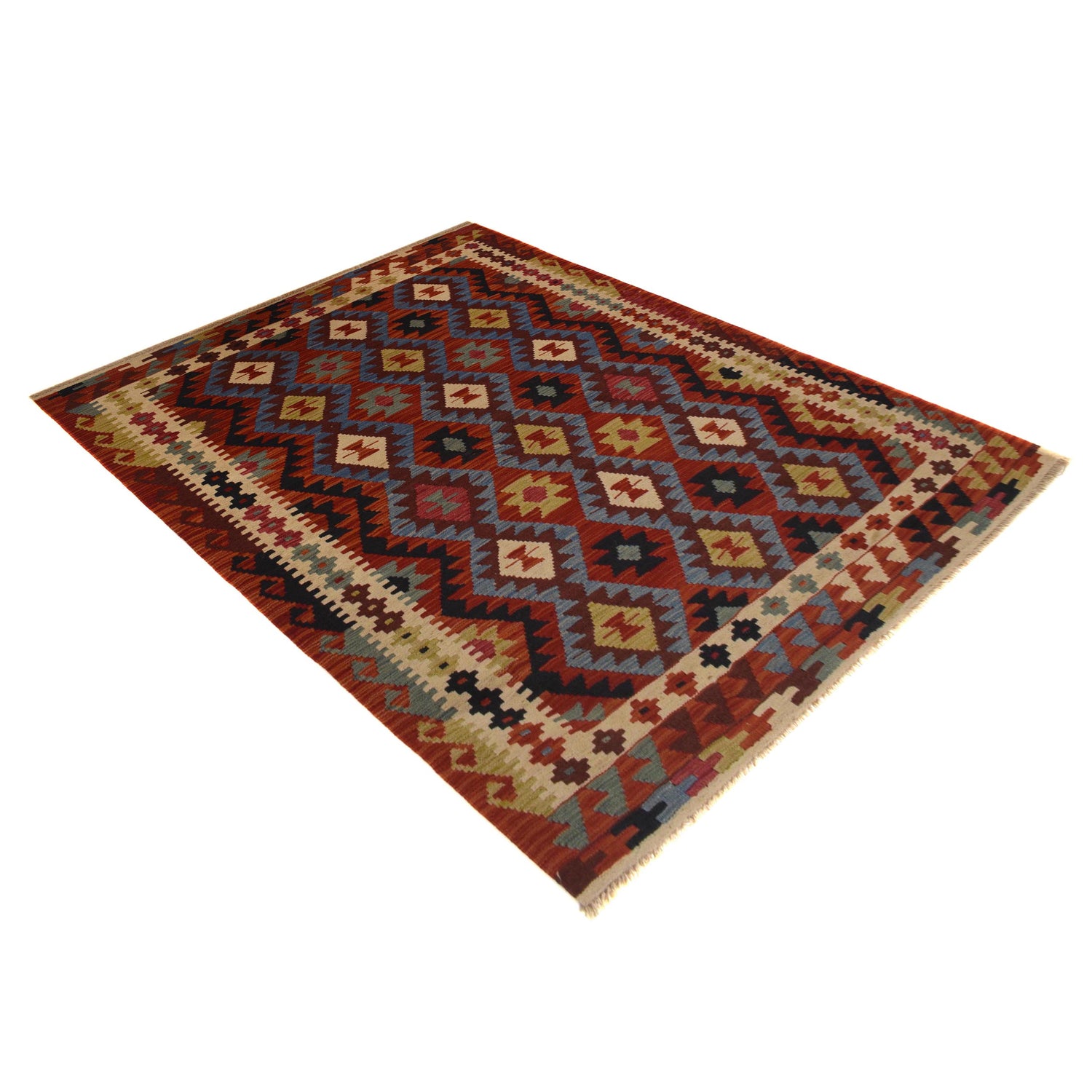 Colorful Flat-Weave Wool Kilim 4' 11" x 7' 5" ft / 150 x 225 cm - No. W35534