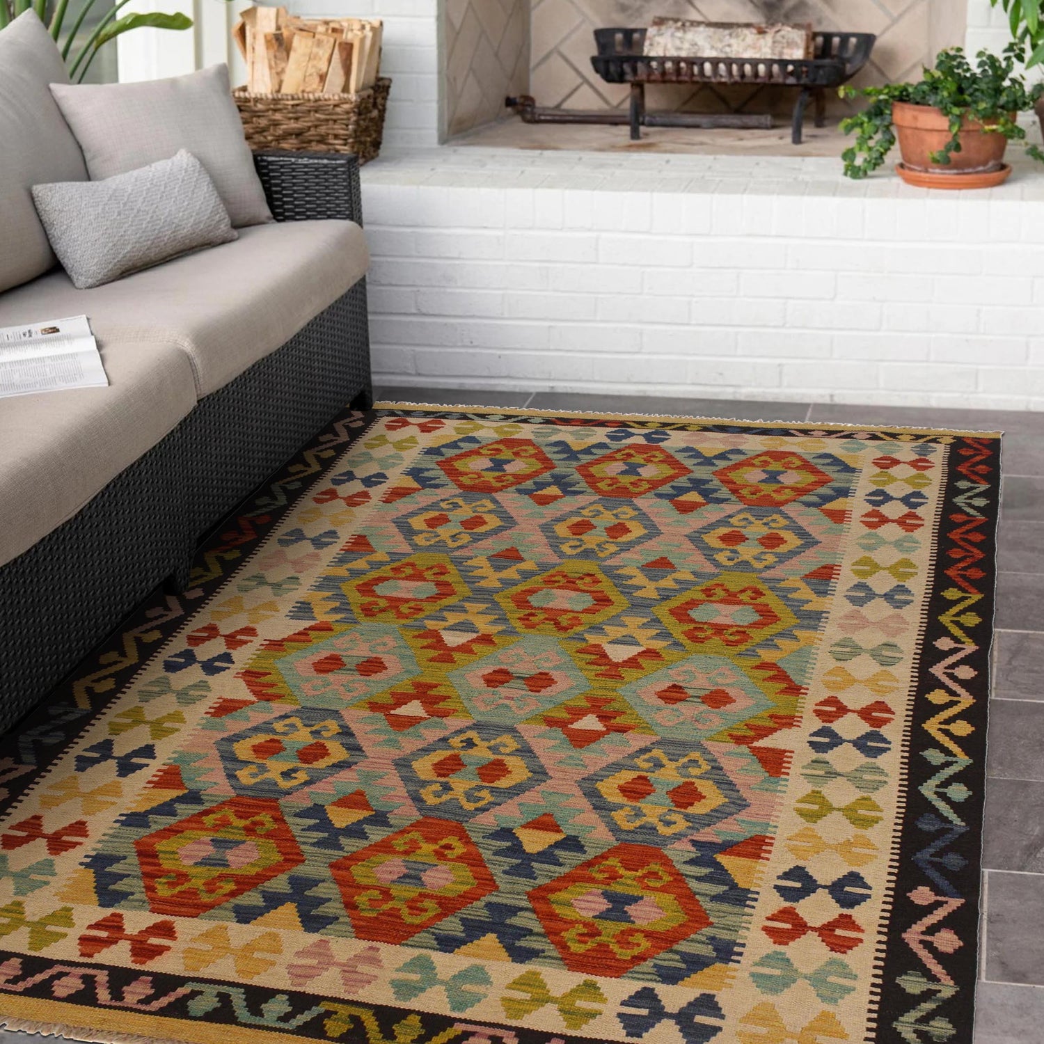 Hand Knotted Afghan Style Kilim 5' 3" x 6' 7" ft / 160 x 201 cm - No. W35540