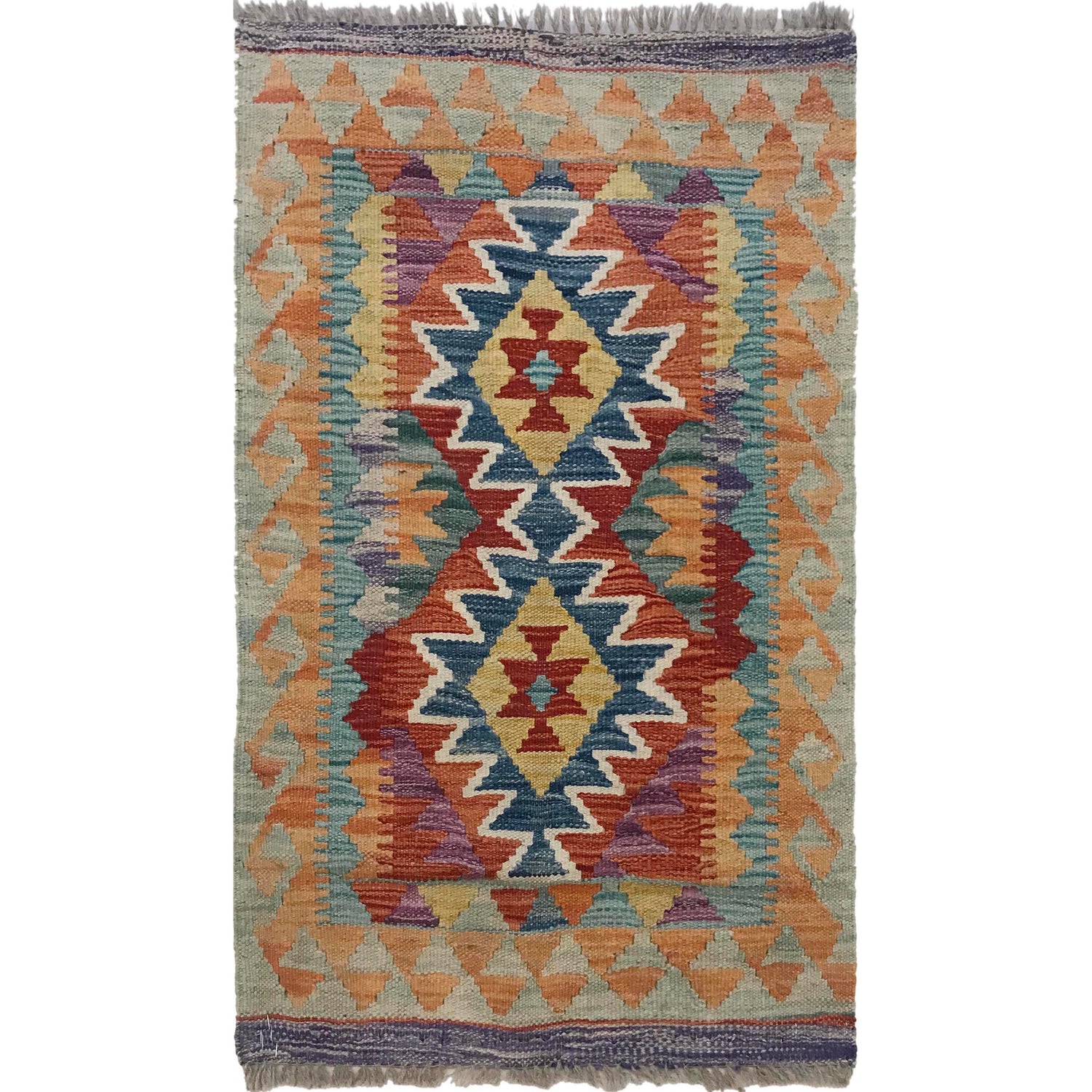 Multi Color ful Flat-Weave Wool Kilim 2' 1" x 3' 1" ft / 63 x 95 cm - No. W35547