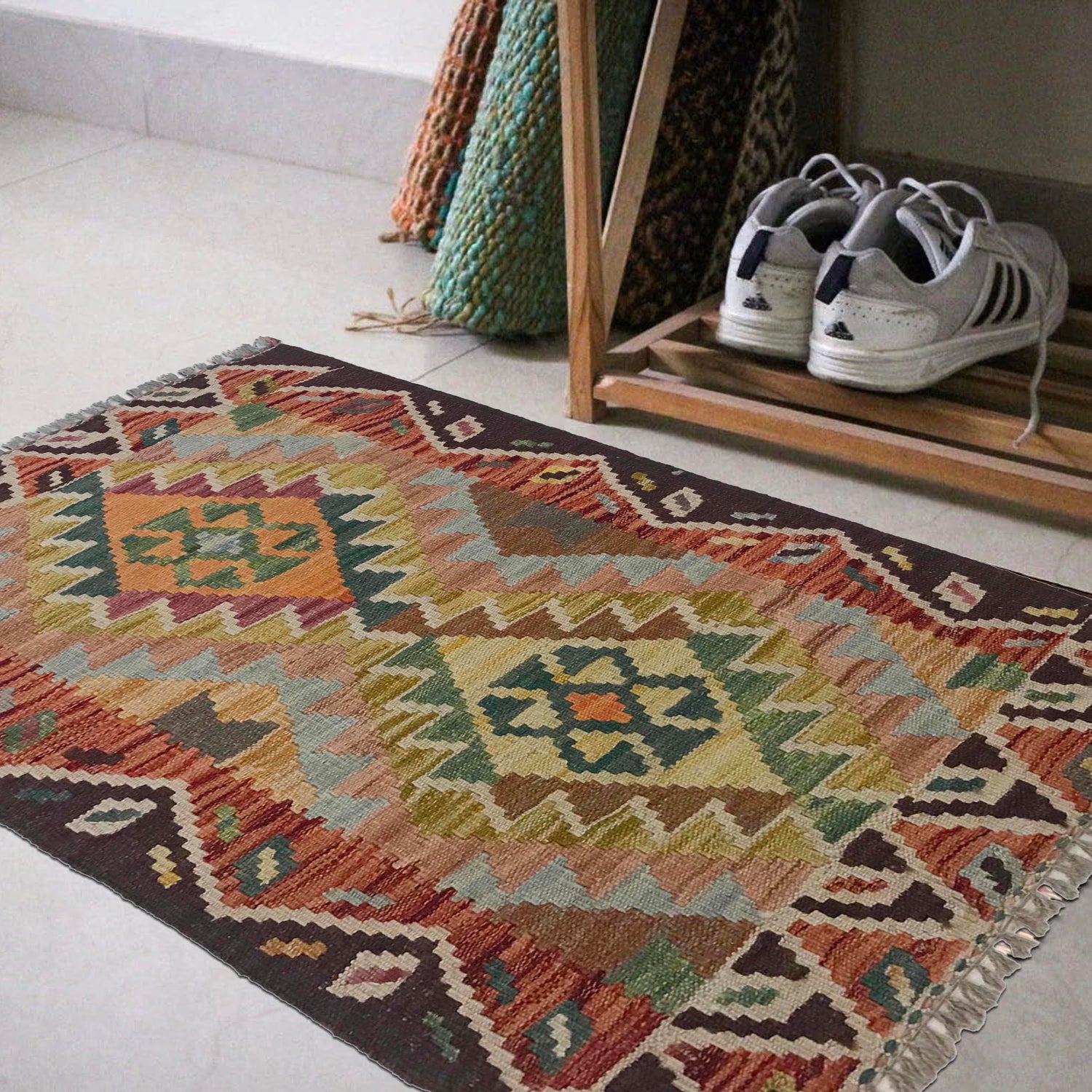 Handmade Turkish Design Wool Kilim 2' 1" x 2' 11" ft / 63 x 88 cm - No. W35552