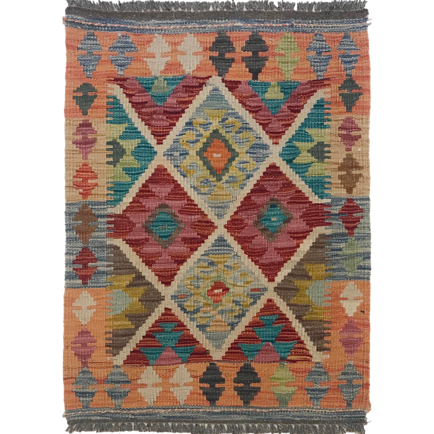 Multi Color ful Flat-Weave Wool Kilim 2' 0" x 2' 11" ft / 62 x 89 cm - No. W35558