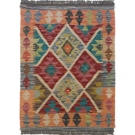 Multi Color ful Flat-Weave Wool Kilim 2' 0" x 2' 11" ft / 62 x 89 cm - No. W35558