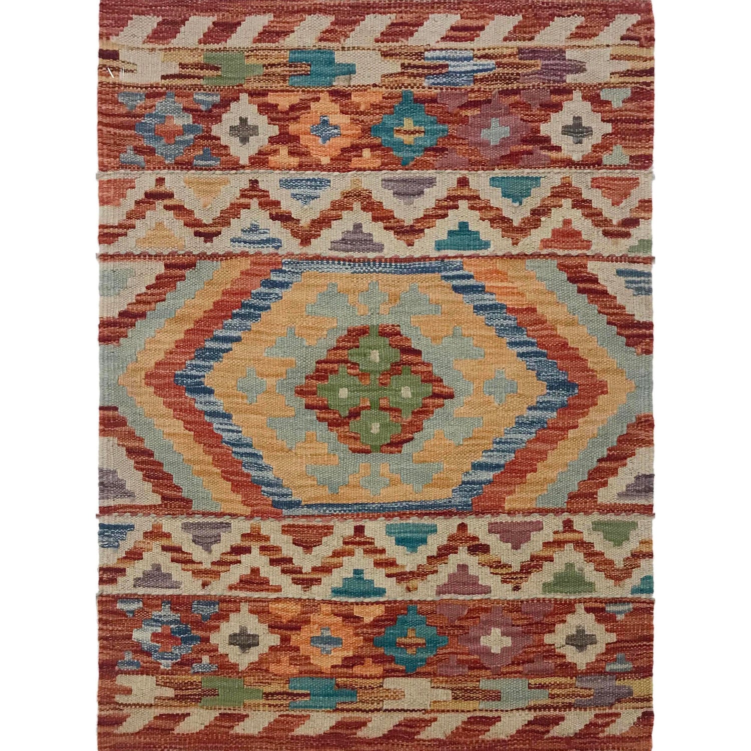 Handmade Turkish Design Wool Kilim 2' 1" x 3' 0" ft / 63 x 91 cm - No. W35566