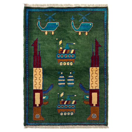 Green Color War Rug 2' 0" x 2' 10" ft / 62 x 86 cm - No. W36571