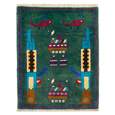 Green Color War Rug 2' 0" x 2' 11" ft / 62 x 89 cm - No. W36578
