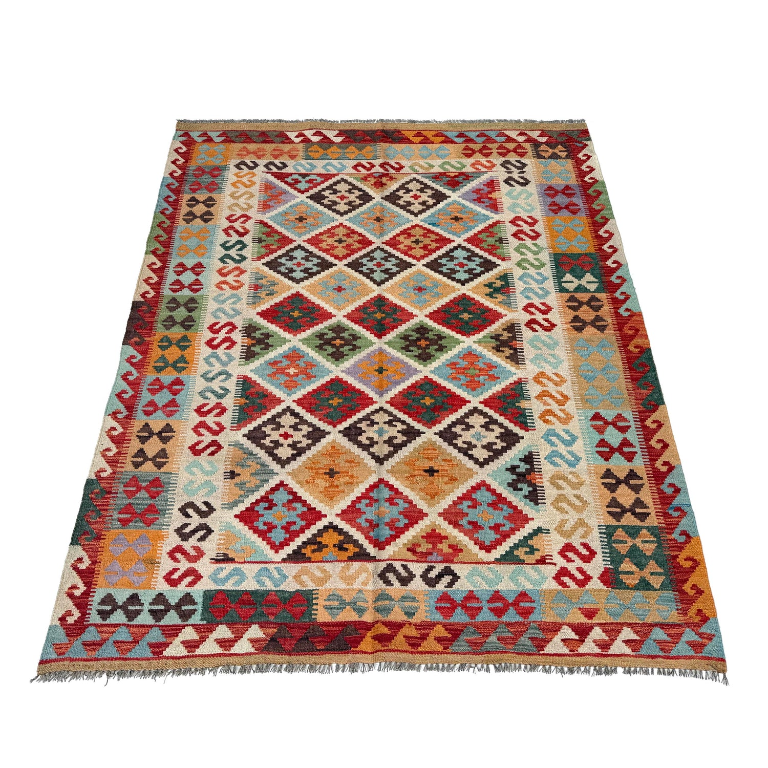 Hand Knotted Afghan Style Kilim 5' 1" x 6' 7" ft / 154 x 200 cm - No. W36768