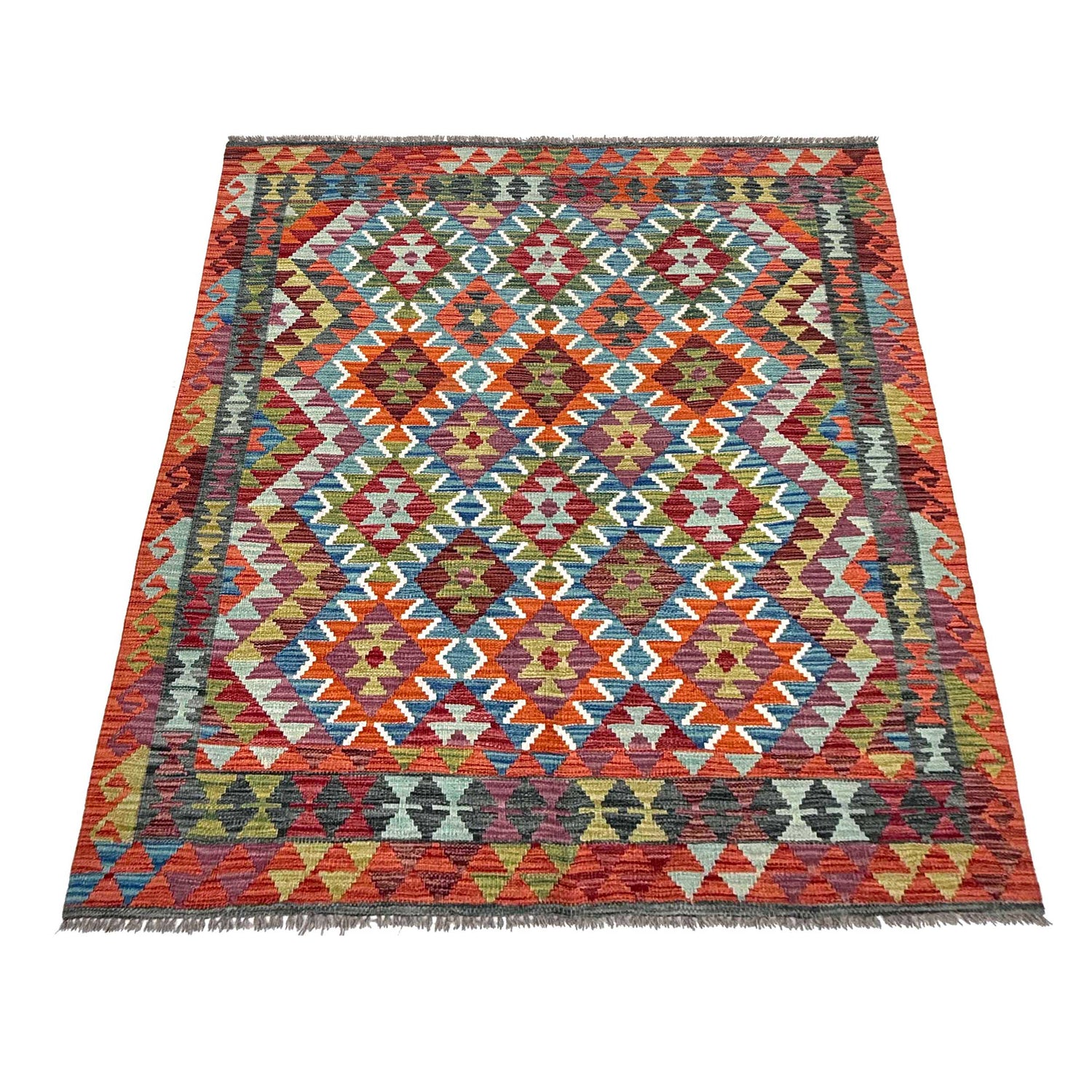 Multi Color ful Flat-Weave Wool Kilim 4' 11" x 6' 4" ft / 150 x 194 cm - No. W36829