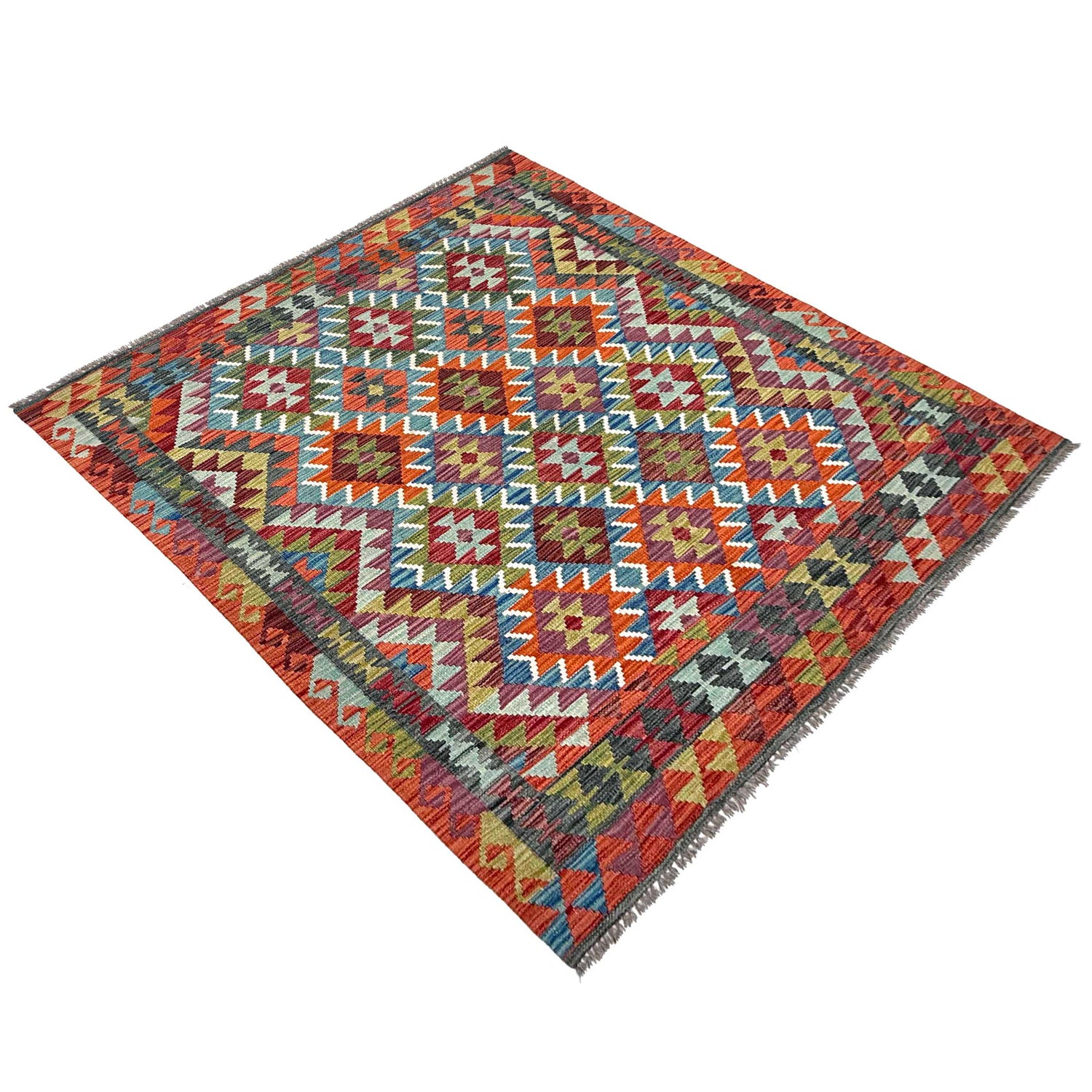 Multi Color ful Flat-Weave Wool Kilim 4' 11" x 6' 4" ft / 150 x 194 cm - No. W36829