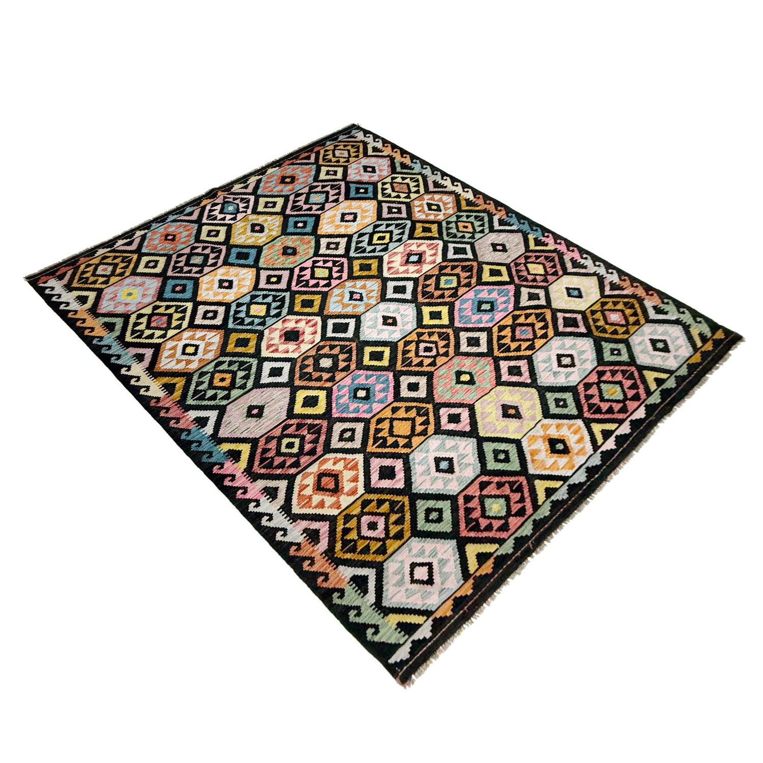 Multi Color ful Flat-Weave Wool Kilim 6' 7" x 9' 9" ft / 201 x 297 cm - No. W38107