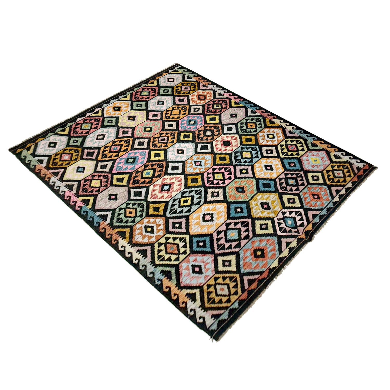 Multi Color ful Flat-Weave Wool Kilim 6' 7" x 9' 9" ft / 201 x 297 cm - No. W38107