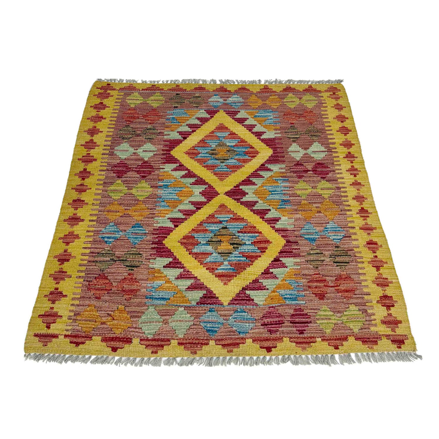 Multi Color ful Flat-Weave Wool Kilim 3' 3" x 3' 10" ft / 100 x 118 cm - No. W38241