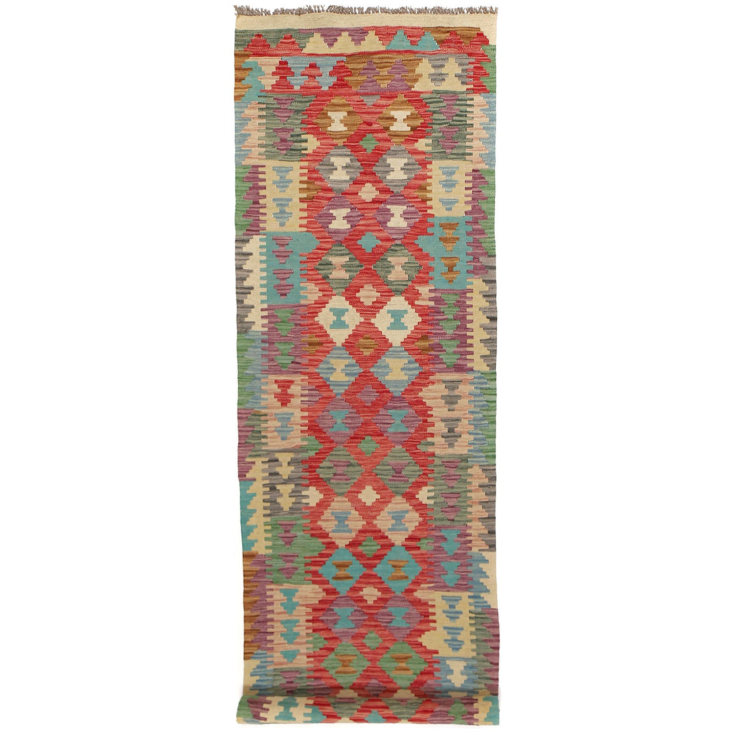 Hand Knotted Afghan Style Kilim Runner 2' 8" x 9' 9" ft / 81 x296 cm - No. Y14197
