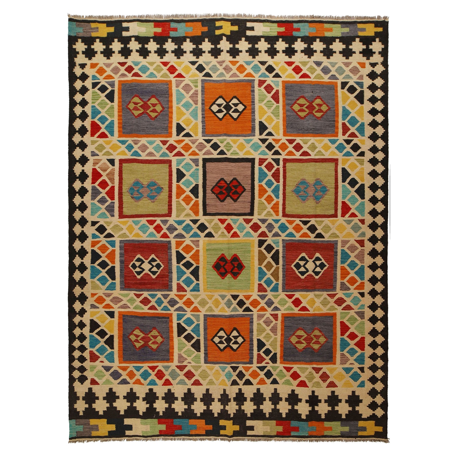 Colorful Flat-Weave Wool Kilim 7' 4" x 9' 10" ft / 224 x 299 cm - No. Y31565