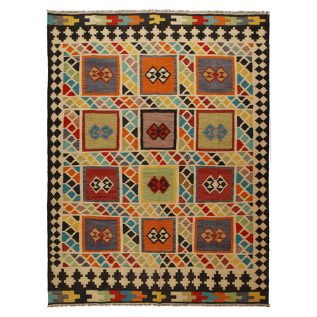 Colorful Flat-Weave Wool Kilim 7' 4" x 9' 10" ft / 224 x 299 cm - No. Y31565