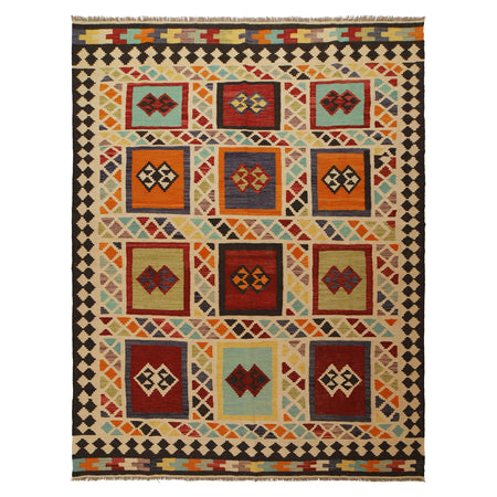 Colorful Flat-Weave Wool Kilim 7' 3" x 9' 10" ft / 220 x 300 cm - No. Y31566