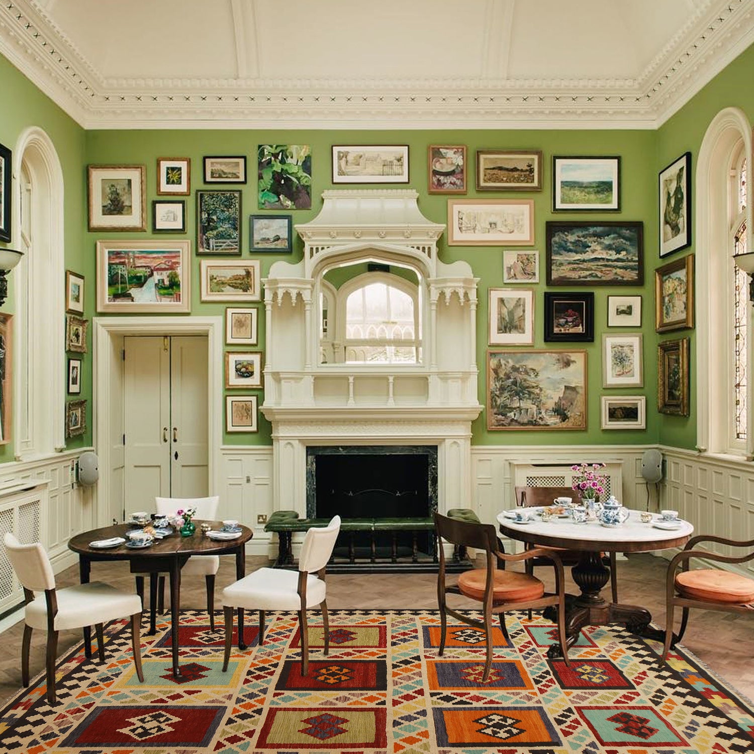 Colorful Flat-Weave Wool Kilim 7' 3" x 9' 10" ft / 220 x 300 cm - No. Y31566