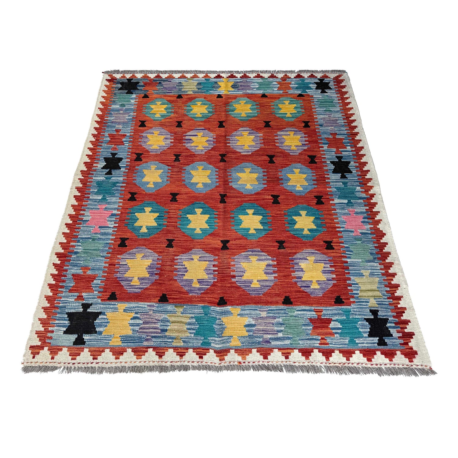 Multi Color ful Flat-Weave Wool Kilim 4' 9" x 6' 6" ft / 145 x 197 cm - No. Y37267