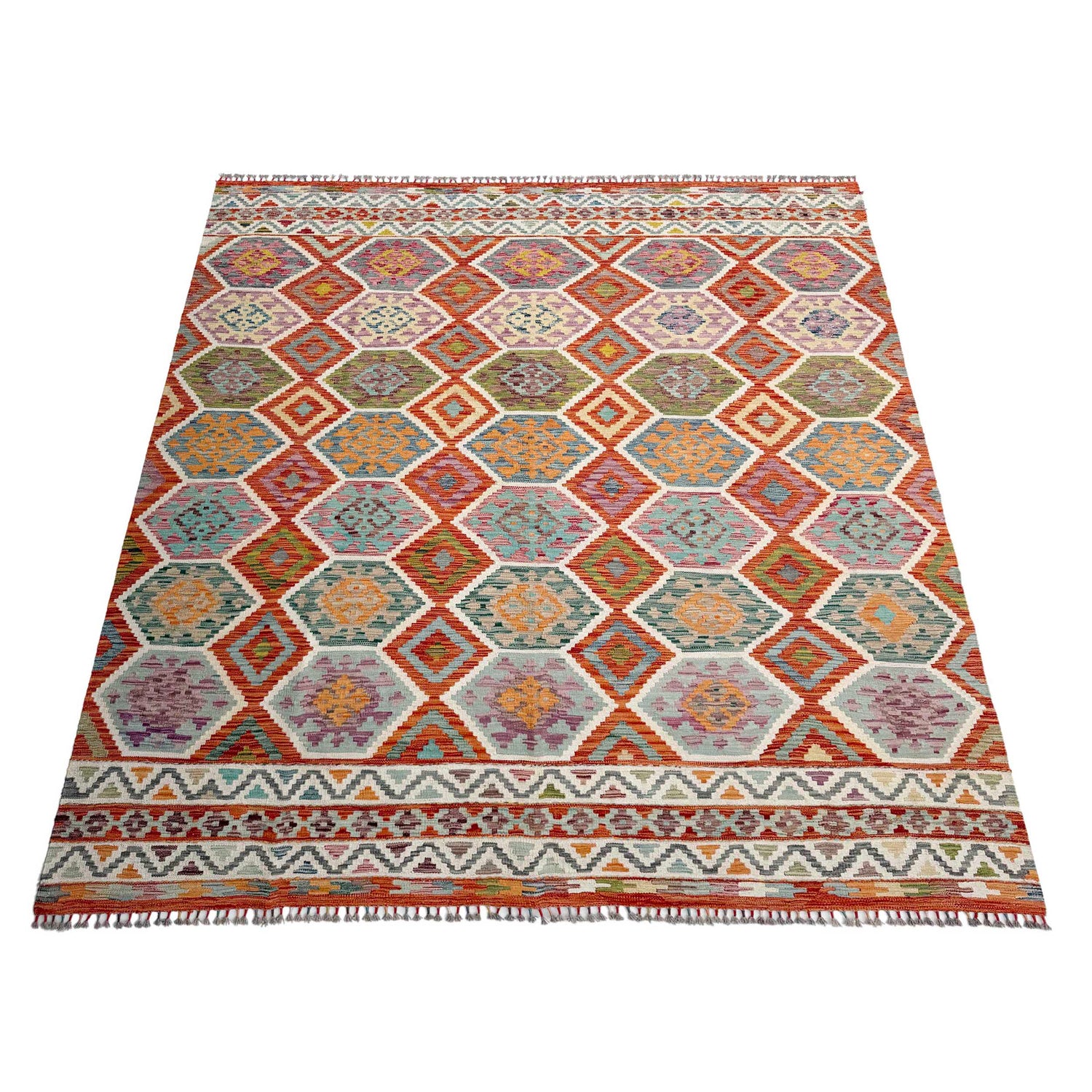 Multi Color ful Flat-Weave Wool Kilim 8' 5" x 9' 9" ft / 256 x 297 cm - No. Y37336