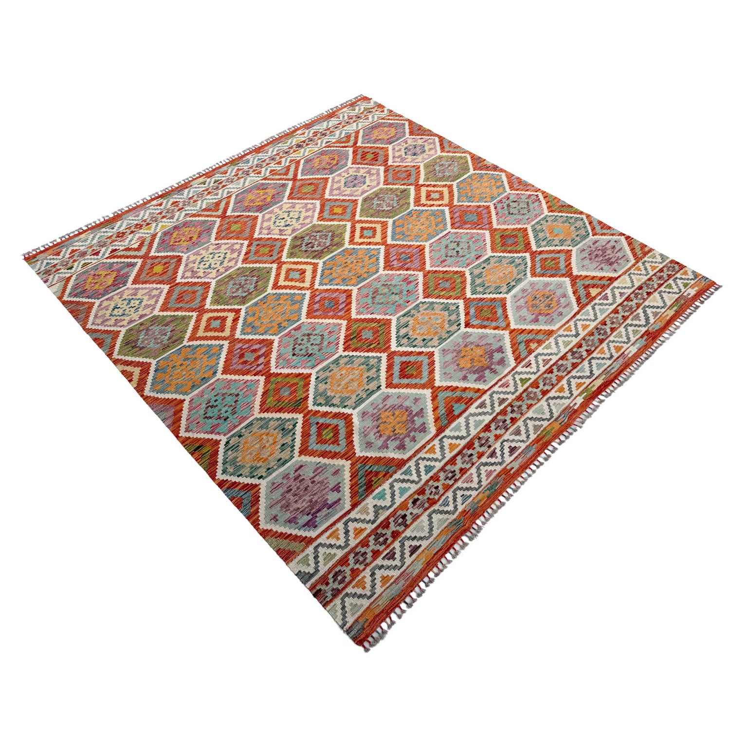 Multi Color ful Flat-Weave Wool Kilim 8' 5" x 9' 9" ft / 256 x 297 cm - No. Y37336